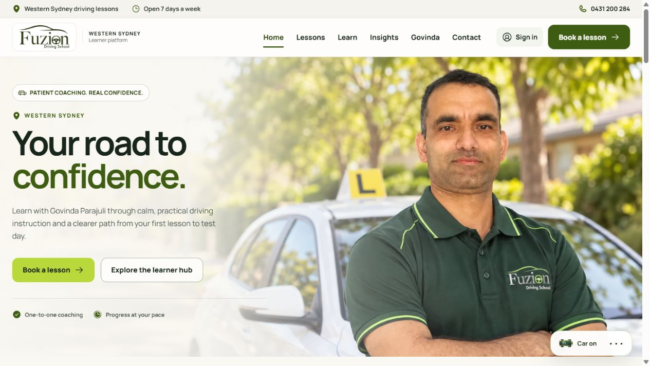 Fuzion Driving School’s live public homepage with service information and lesson navigation.