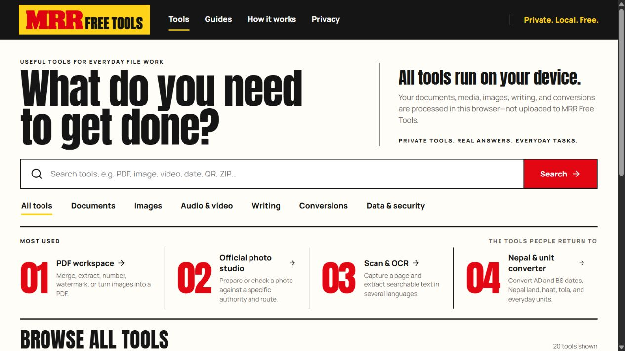 The actual public MRR Free Tools website, showing its browser utility information and navigation.